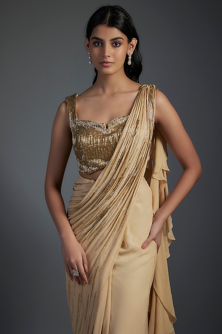 Gold Georgette Embroidered Bridal Gown Saree Set by Gaurav Gupta at Pernia's Pop Up Shop