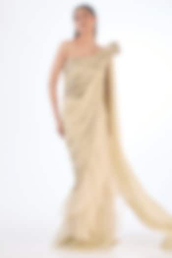 Gilded Gold Organza Glass Bugle Beads Embroidered One-Shoulder Bridal Gown Saree by Gaurav Gupta at Pernia's Pop Up Shop