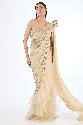 Gilded Gold Organza Glass Bugle Beads Embroidered One-Shoulder Gown Saree by Gaurav Gupta