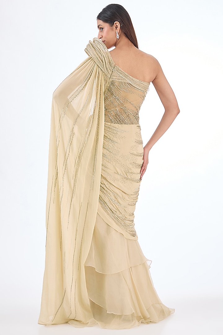 Gilded Gold Organza Glass Bugle Beads Embroidered One-Shoulder Bridal Gown Saree by Gaurav Gupta at Pernia's Pop Up Shop