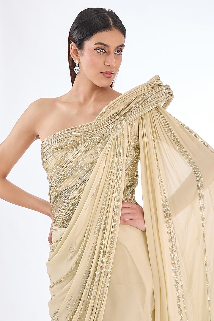 Gilded Gold Organza Glass Bugle Beads Embroidered One-Shoulder Bridal Gown Saree by Gaurav Gupta at Pernia's Pop Up Shop
