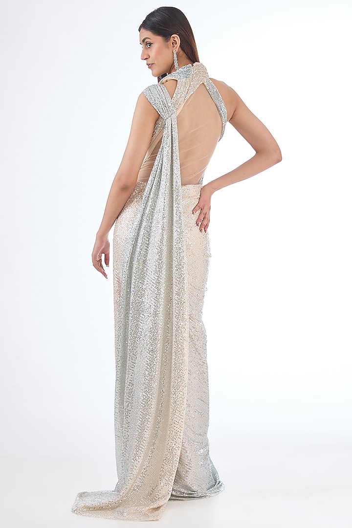 Opal Blue Sequins Sculpted Bridal Gown Saree by Gaurav Gupta at Pernia's Pop Up Shop