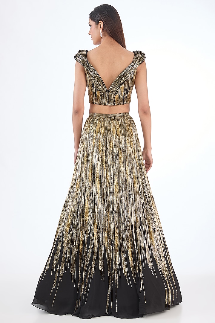 Black & Gold Georgette Bugle Beads Embroidered Bridal Lehenga Set by Gaurav Gupta at Pernia's Pop Up Shop