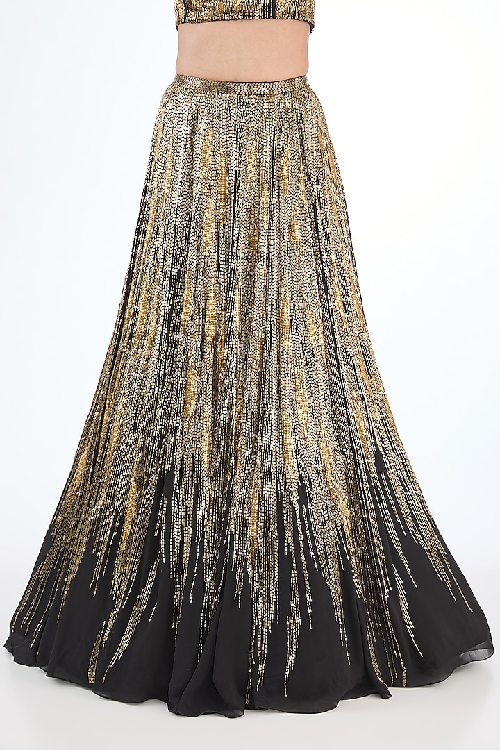 Black & Gold Georgette Bugle Beads Embroidered Bridal Lehenga Set by Gaurav Gupta at Pernia's Pop Up Shop