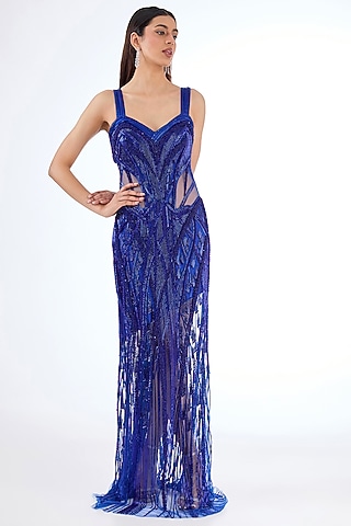 Electric Blue Nylon & Tulle Strappy Gown by Gaurav Gupta