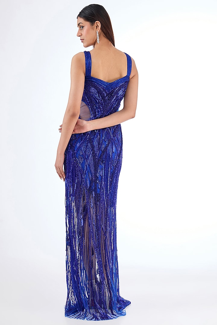 Electric Blue Nylon & Tulle Strappy Bridal Gown by Gaurav Gupta at Pernia's Pop Up Shop
