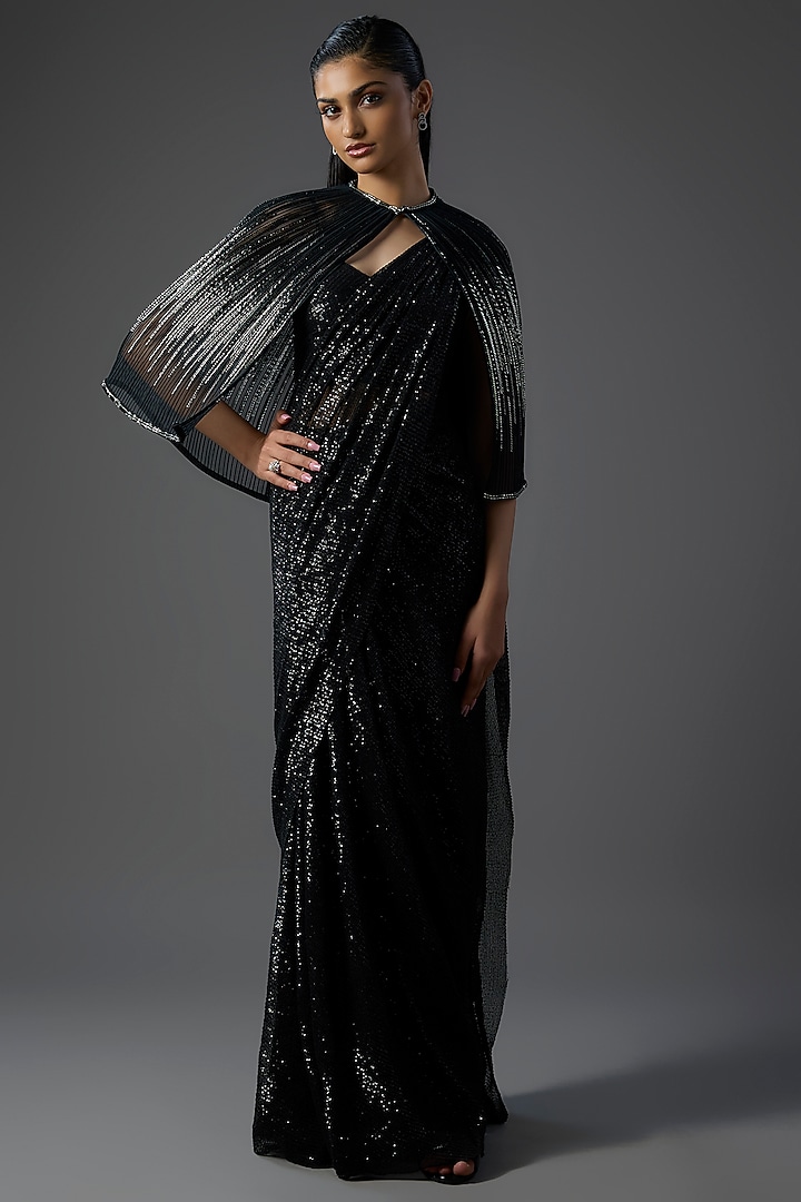 Black Polyester Sequins Draped Bridal Saree Set by Gaurav Gupta at Pernia's Pop Up Shop