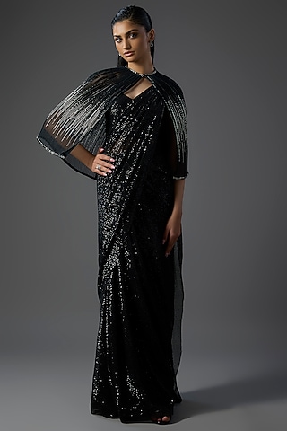 Black Polyester Sequins Draped Saree Set by Gaurav Gupta