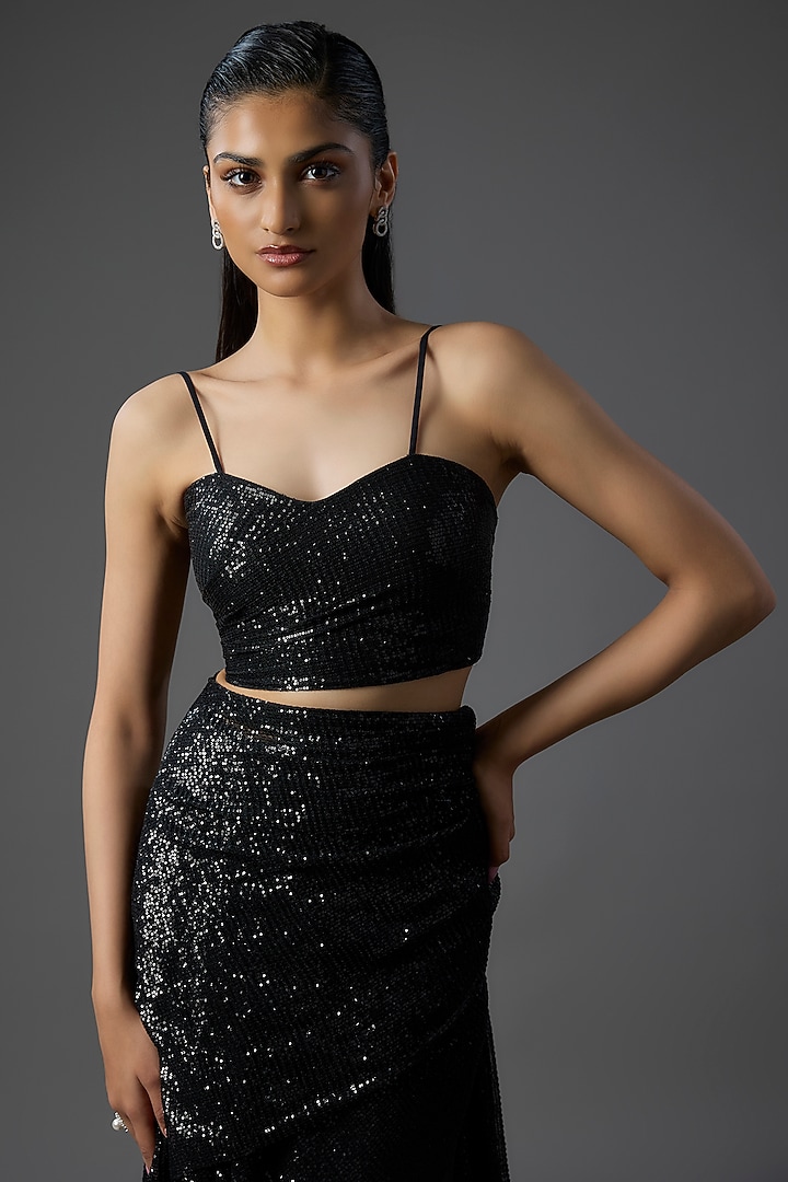 Black Polyester Sequins Draped Bridal Saree Set by Gaurav Gupta at Pernia's Pop Up Shop