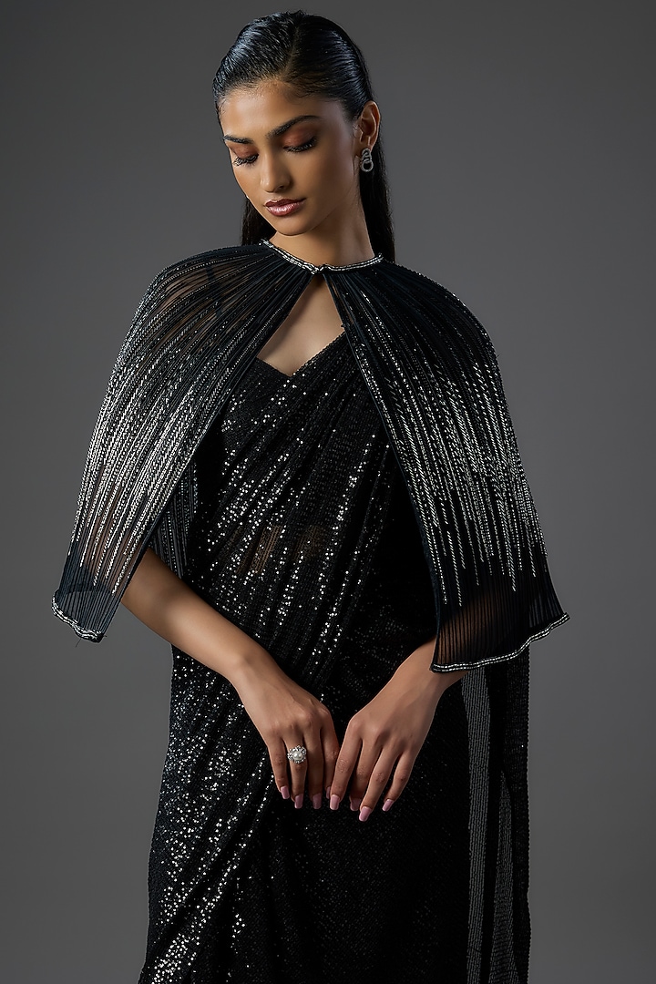 Black Polyester Sequins Draped Bridal Saree Set by Gaurav Gupta at Pernia's Pop Up Shop