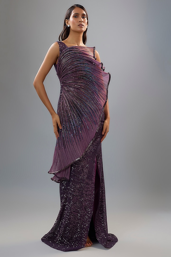 Grape Purple Sequins Bugle Bead Embroidered Gown by Gaurav Gupta at Pernia's Pop Up Shop