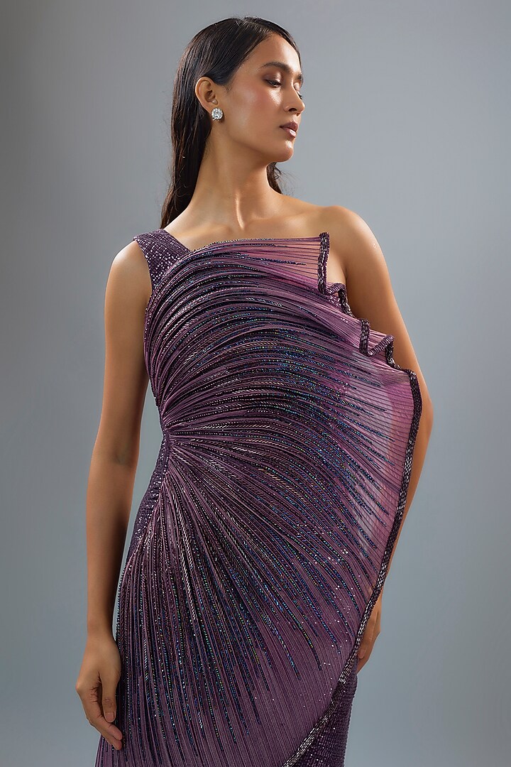 Grape Purple Sequins Bugle Bead Embroidered Bridal Gown by Gaurav Gupta at Pernia's Pop Up Shop