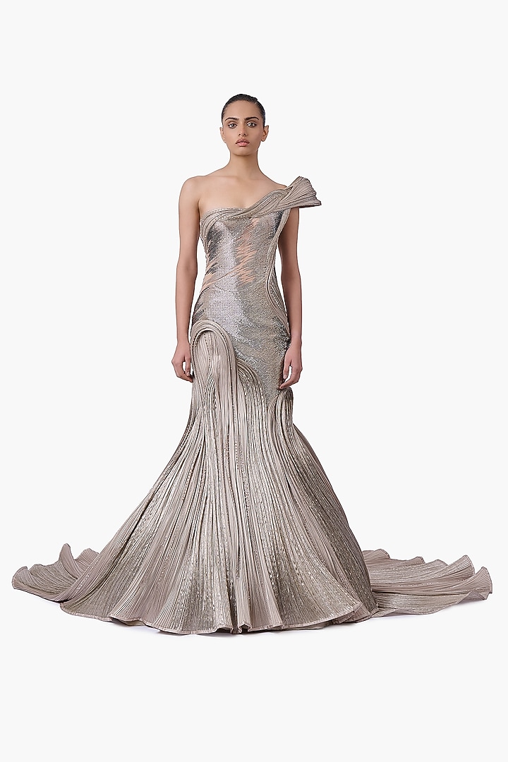 French Taupe Satin One-Shoulder Bridal Gown by Gaurav Gupta at Pernia's Pop Up Shop