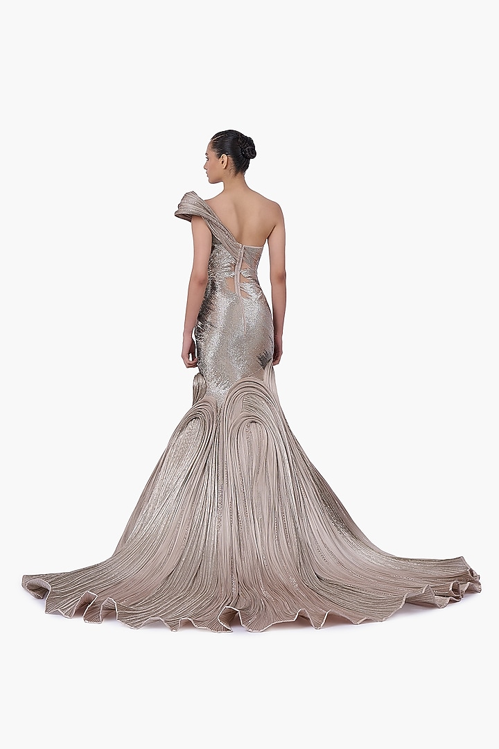 French Taupe Satin One-Shoulder Bridal Gown by Gaurav Gupta at Pernia's Pop Up Shop