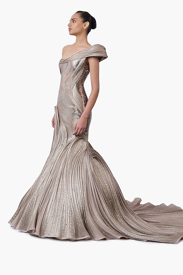 French Taupe Satin One-Shoulder Bridal Gown by Gaurav Gupta at Pernia's Pop Up Shop