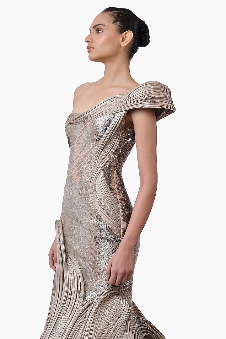 French Taupe Satin One-Shoulder Bridal Gown by Gaurav Gupta at Pernia's Pop Up Shop