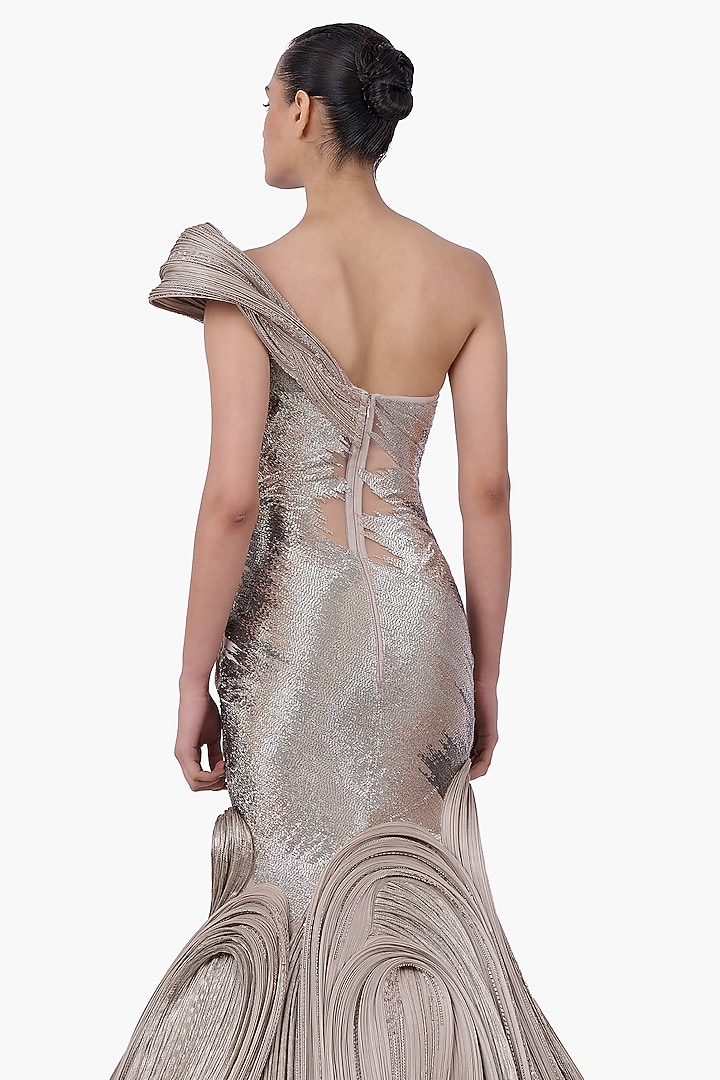 French Taupe Satin One-Shoulder Bridal Gown by Gaurav Gupta at Pernia's Pop Up Shop