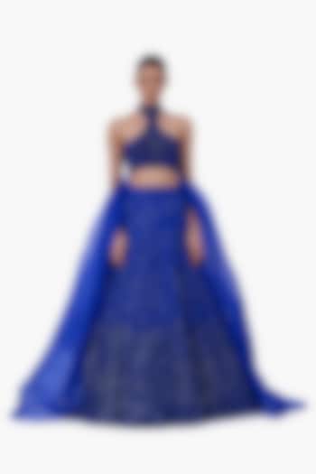 Electric Blue Net Embellished Bridal Lehenga Set by Gaurav Gupta at Pernia's Pop Up Shop