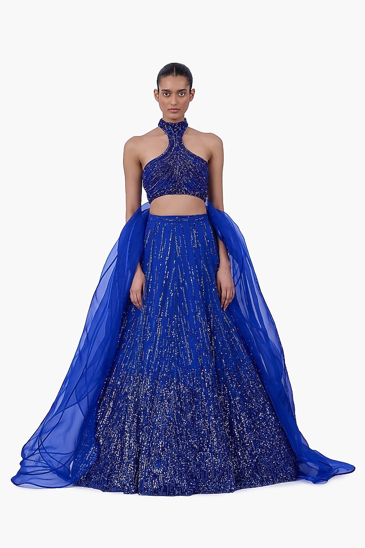 Electric Blue Net Embellished Bridal Lehenga Set by Gaurav Gupta at Pernia's Pop Up Shop