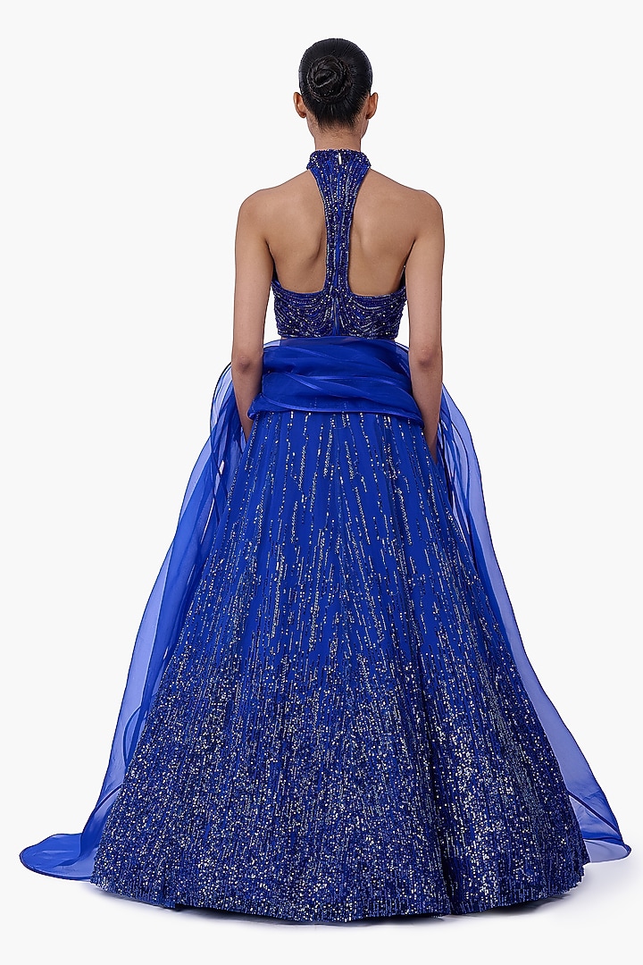 Electric Blue Net Embellished Bridal Lehenga Set by Gaurav Gupta at Pernia's Pop Up Shop