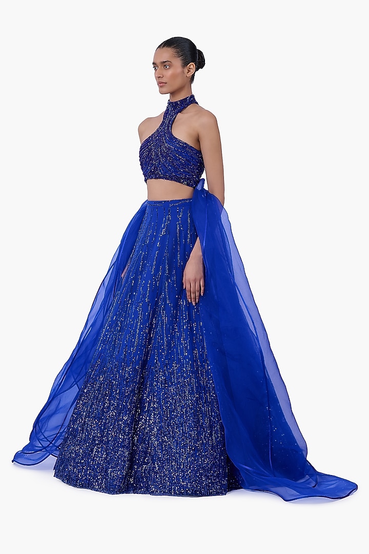 Electric Blue Net Embellished Bridal Lehenga Set by Gaurav Gupta at Pernia's Pop Up Shop