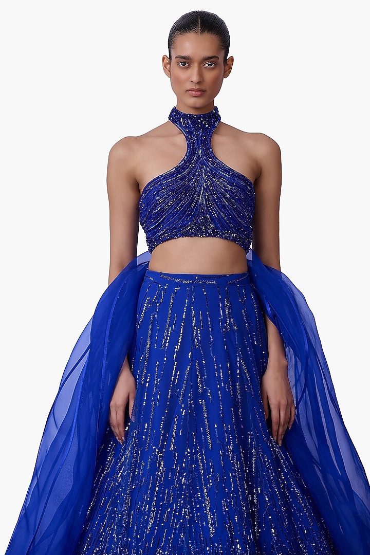 Electric Blue Net Embellished Bridal Lehenga Set by Gaurav Gupta at Pernia's Pop Up Shop