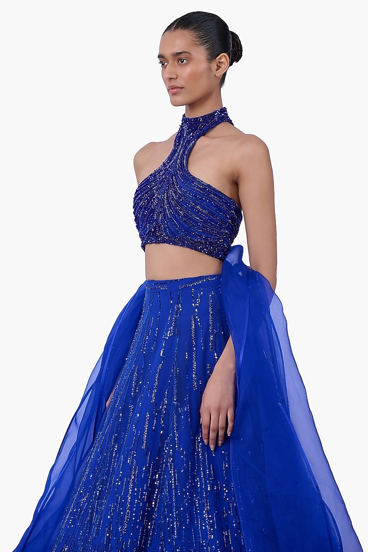 Electric Blue Net Embellished Bridal Lehenga Set by Gaurav Gupta at Pernia's Pop Up Shop