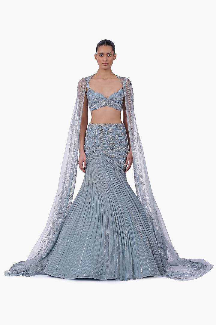 Feather Blue Organza Embellished Bridal Lehenga Set by Gaurav Gupta at Pernia's Pop Up Shop