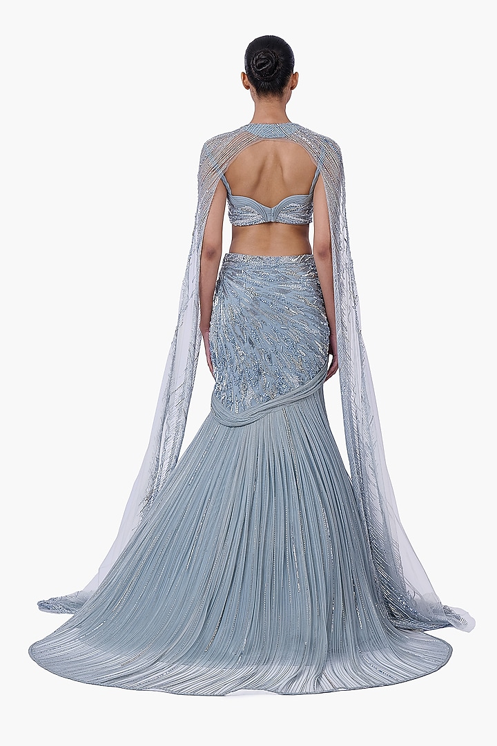 Feather Blue Organza Embellished Bridal Lehenga Set by Gaurav Gupta at Pernia's Pop Up Shop