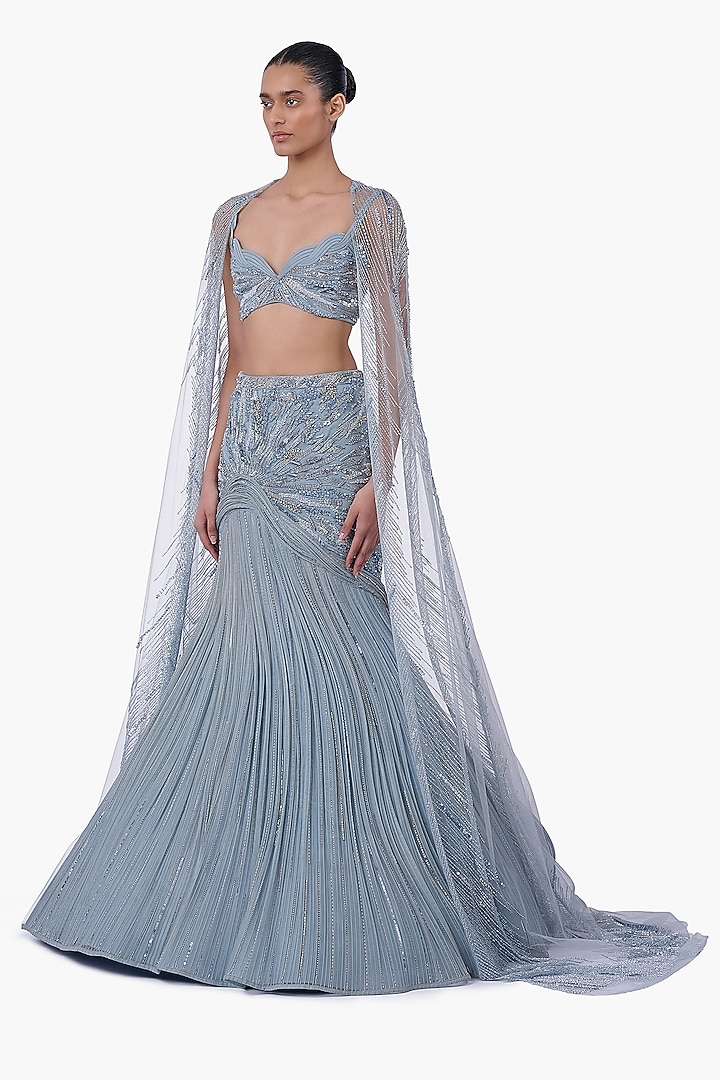 Feather Blue Organza Embellished Bridal Lehenga Set by Gaurav Gupta at Pernia's Pop Up Shop
