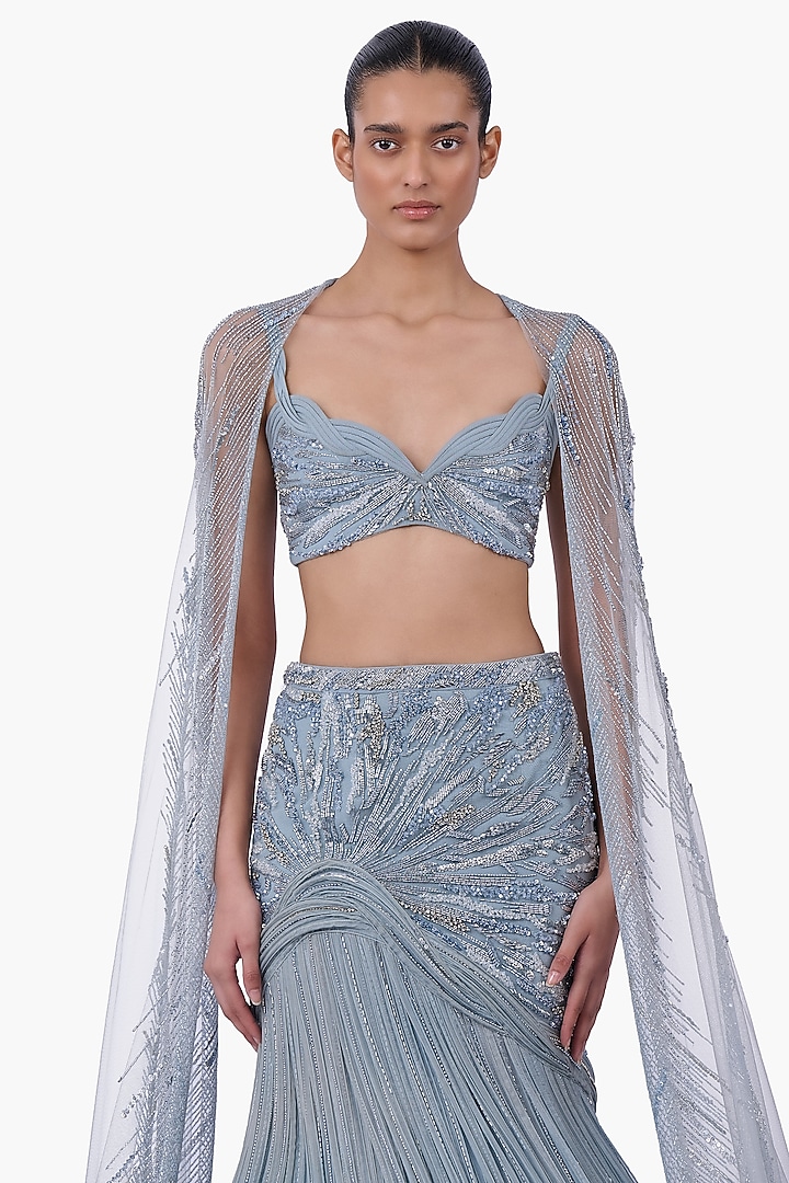 Feather Blue Organza Embellished Bridal Lehenga Set by Gaurav Gupta at Pernia's Pop Up Shop