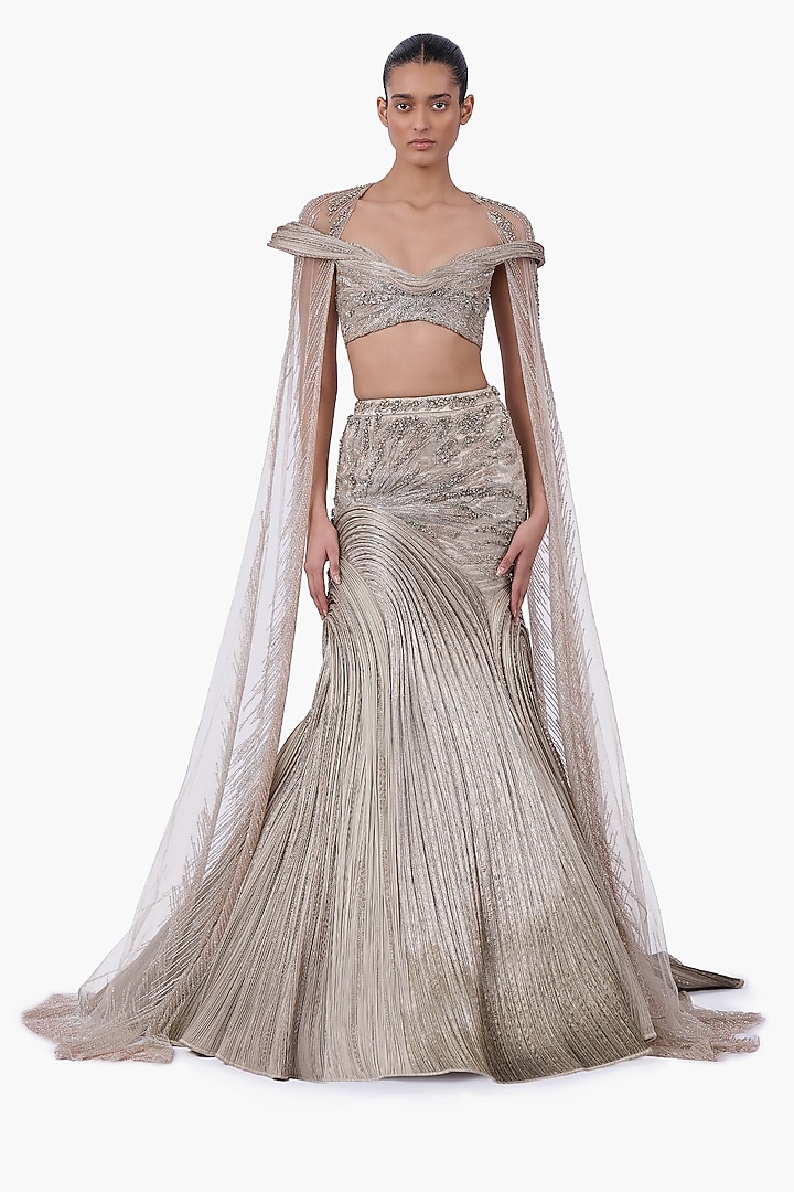 French Taupe Net & Brocade Bridal Lehenga Set by Gaurav Gupta at Pernia's Pop Up Shop