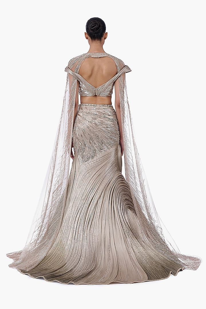 French Taupe Net & Brocade Bridal Lehenga Set by Gaurav Gupta at Pernia's Pop Up Shop