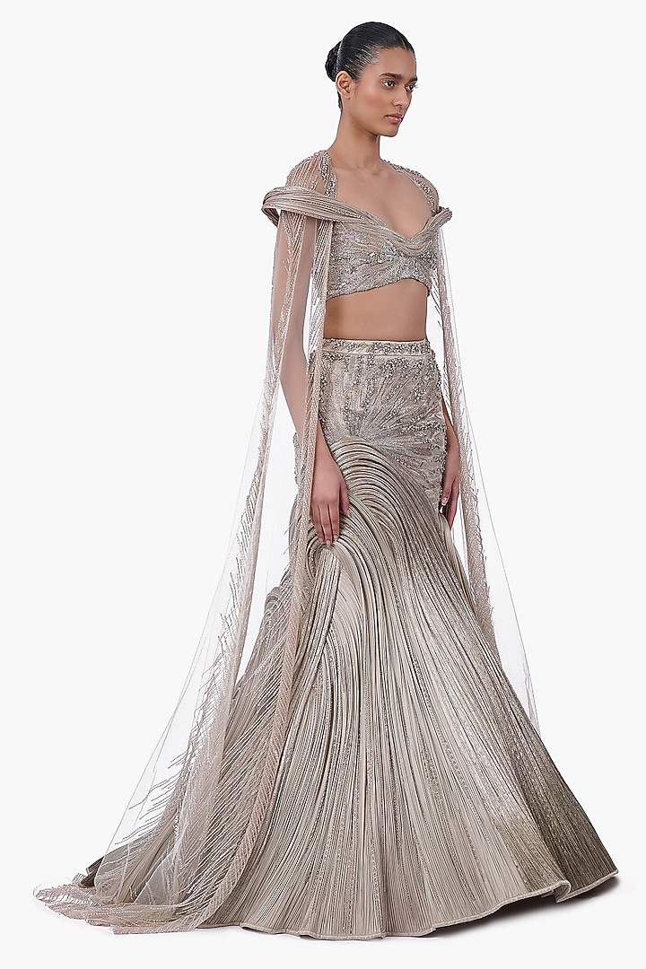 French Taupe Net & Brocade Bridal Lehenga Set by Gaurav Gupta at Pernia's Pop Up Shop