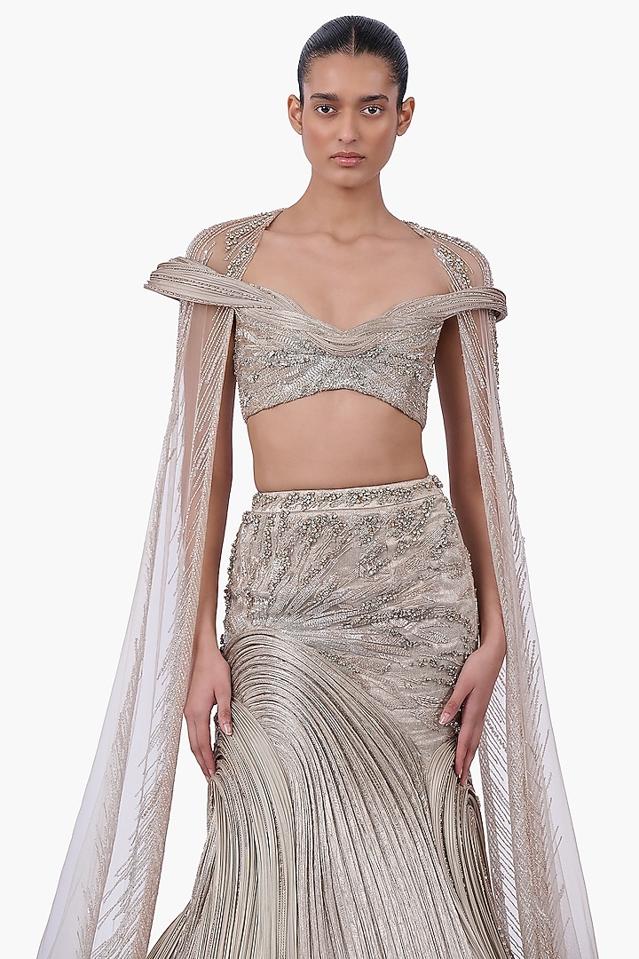 French Taupe Net & Brocade Bridal Lehenga Set by Gaurav Gupta at Pernia's Pop Up Shop