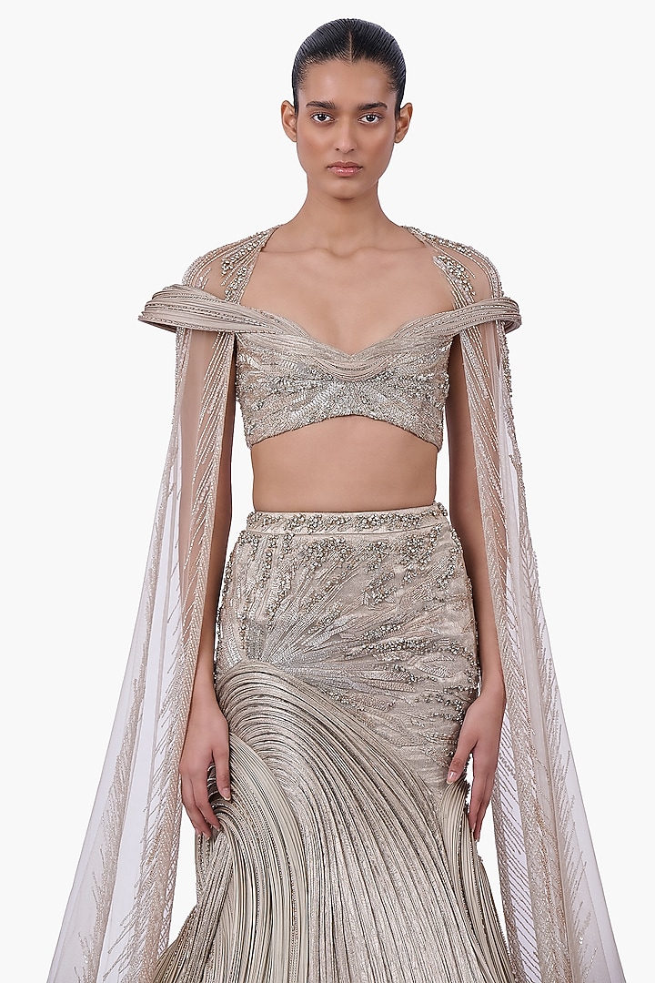 French Taupe Net & Brocade Bridal Lehenga Set by Gaurav Gupta at Pernia's Pop Up Shop