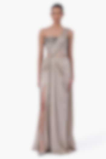 French Taupe Georgette Metallic Embroidered Bridal Gown Saree by Gaurav Gupta at Pernia's Pop Up Shop