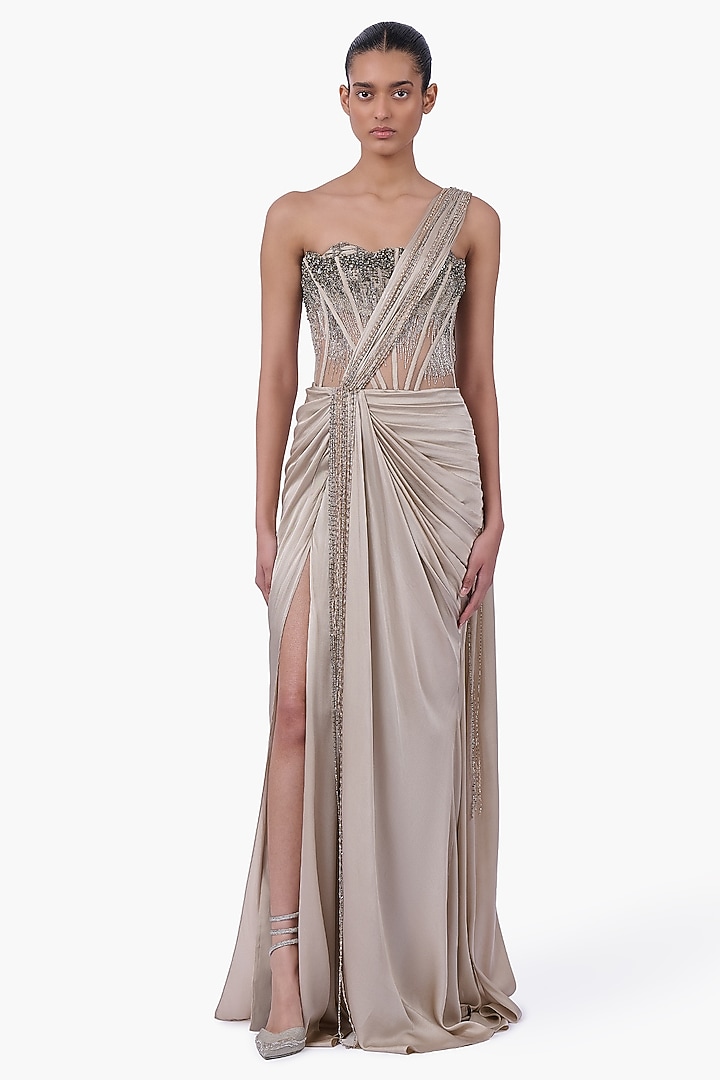 French Taupe Georgette Metallic Embroidered Bridal Gown Saree by Gaurav Gupta at Pernia's Pop Up Shop
