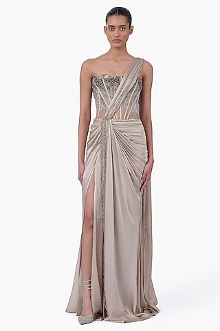 French Taupe Georgette Metallic Embroidered Gown Saree by Gaurav Gupta