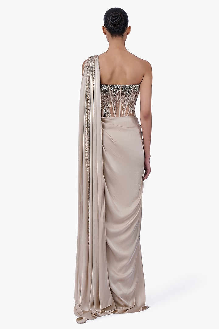 French Taupe Georgette Metallic Embroidered Bridal Gown Saree by Gaurav Gupta at Pernia's Pop Up Shop