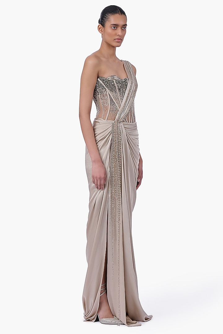 French Taupe Georgette Metallic Embroidered Bridal Gown Saree by Gaurav Gupta at Pernia's Pop Up Shop