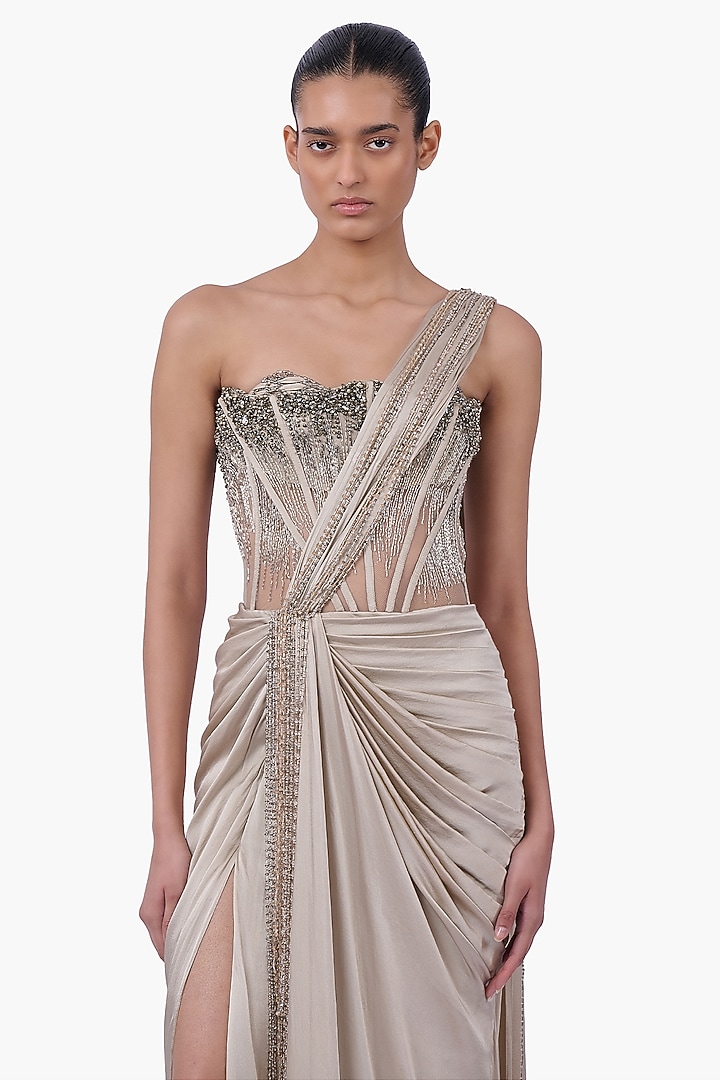 French Taupe Georgette Metallic Embroidered Bridal Gown Saree by Gaurav Gupta at Pernia's Pop Up Shop