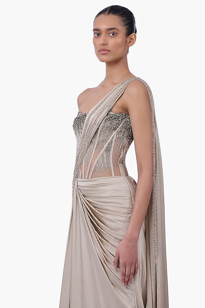 French Taupe Georgette Metallic Embroidered Bridal Gown Saree by Gaurav Gupta at Pernia's Pop Up Shop