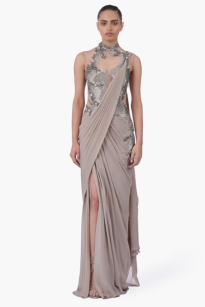 Sand Color Foiled Chiffon Embellished Metallic Bridal Gown Saree by Gaurav Gupta at Pernia's Pop Up Shop