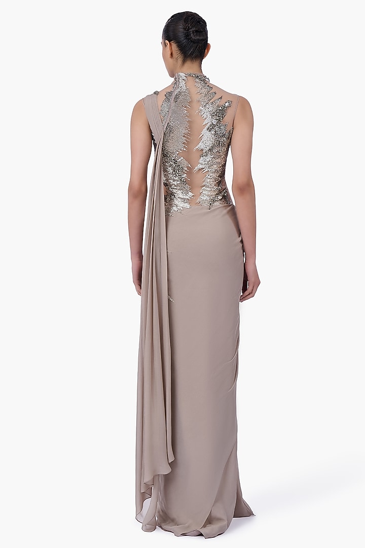 Sand Color Foiled Chiffon Embellished Metallic Bridal Gown Saree by Gaurav Gupta at Pernia's Pop Up Shop