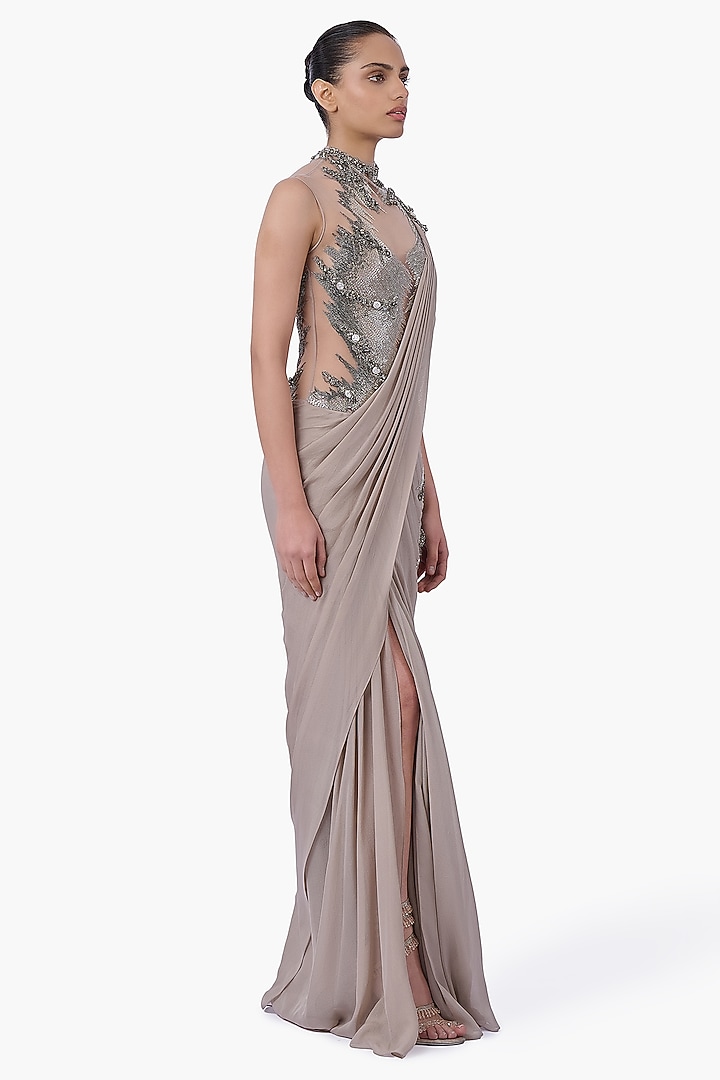 Sand Color Foiled Chiffon Embellished Metallic Bridal Gown Saree by Gaurav Gupta at Pernia's Pop Up Shop