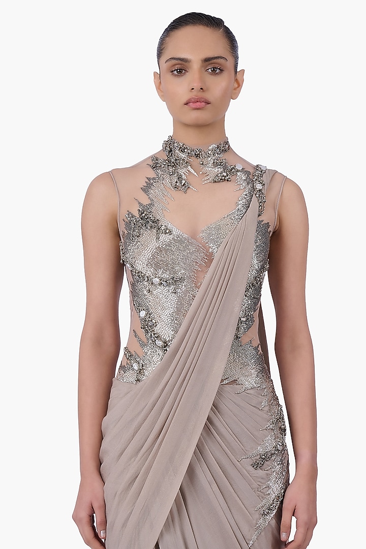 Sand Color Foiled Chiffon Embellished Metallic Bridal Gown Saree by Gaurav Gupta at Pernia's Pop Up Shop