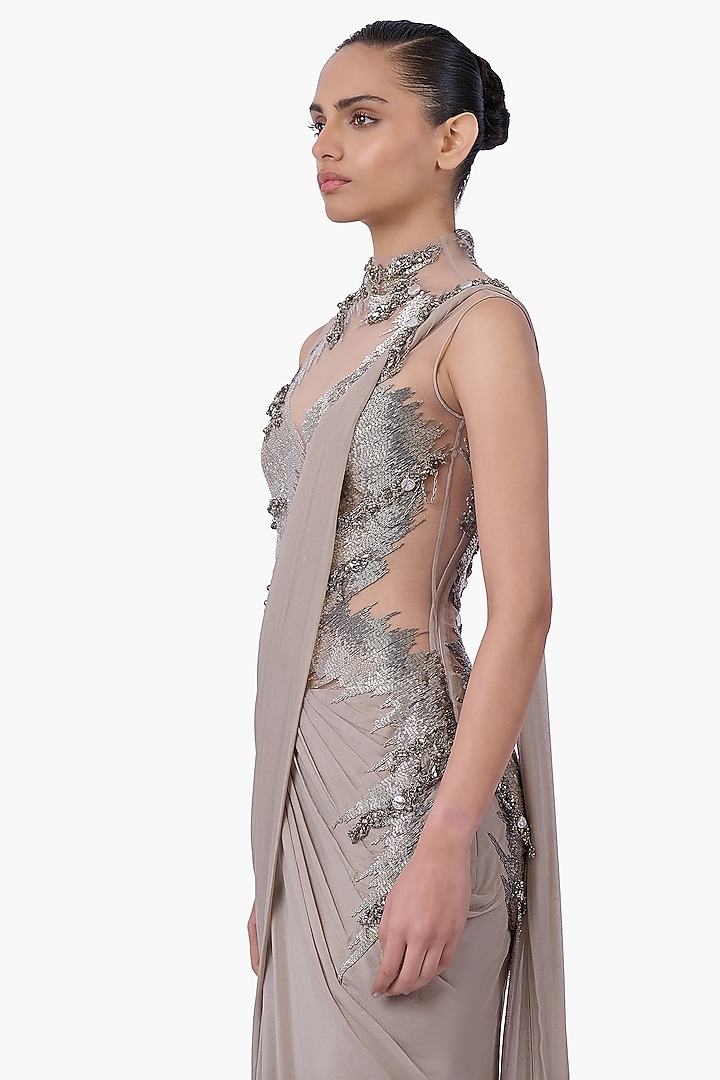 Sand Color Foiled Chiffon Embellished Metallic Bridal Gown Saree by Gaurav Gupta at Pernia's Pop Up Shop