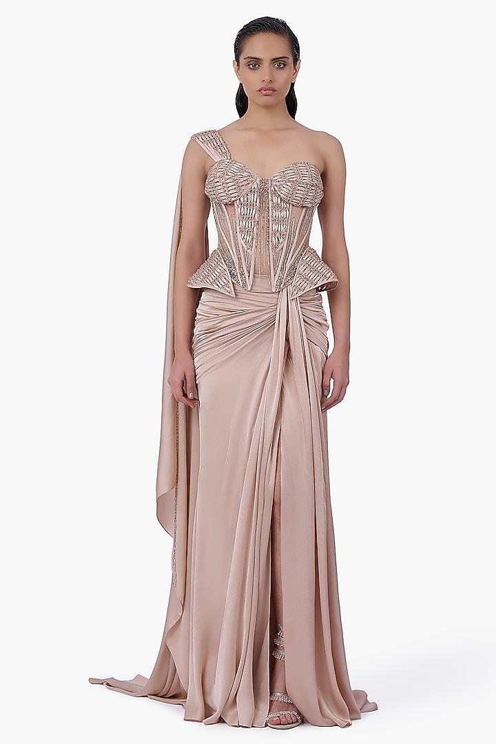 Haze Champagne Georgette Crystal Embroidered Sculpted Corset by Gaurav Gupta at Pernia's Pop Up Shop
