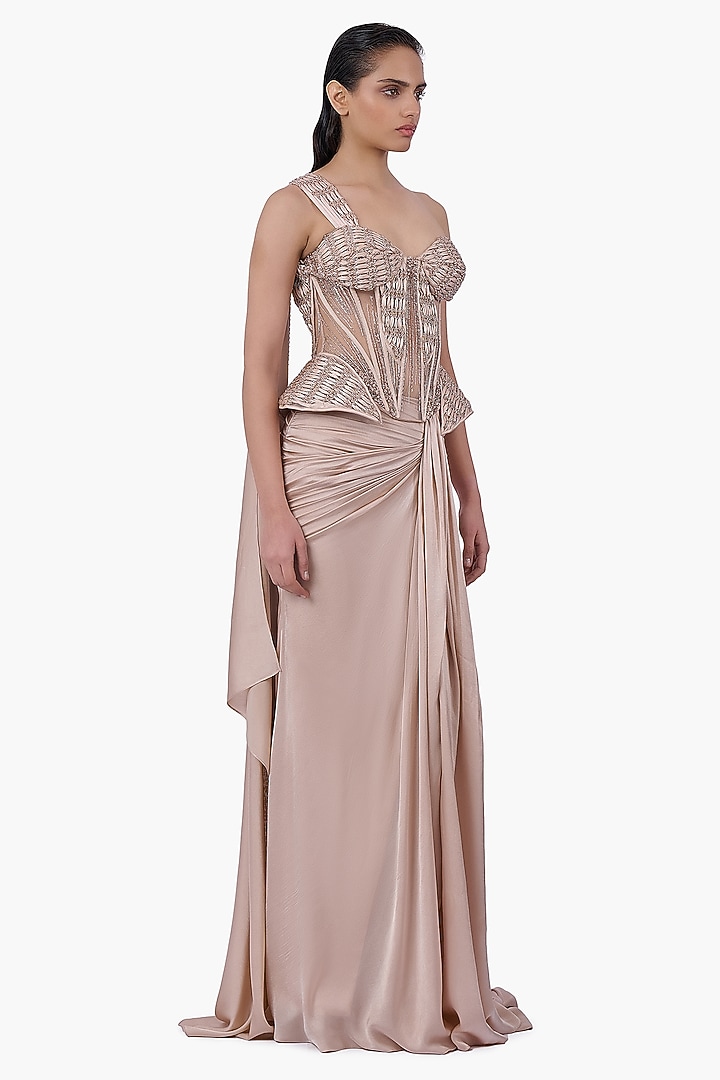 Haze Champagne Georgette Crystal Embroidered Sculpted Corset by Gaurav Gupta at Pernia's Pop Up Shop